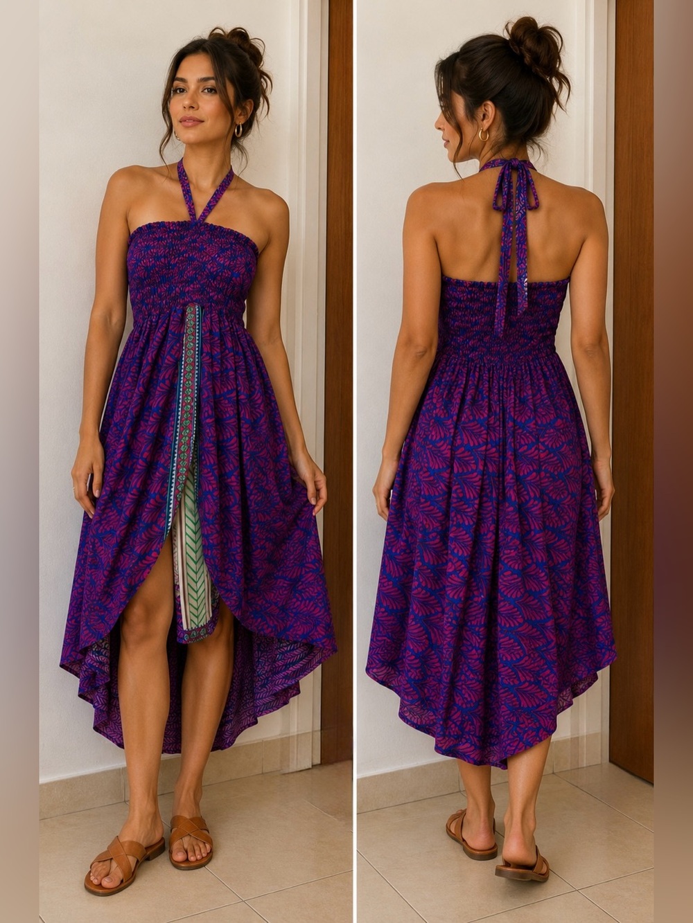 Halter Smocked High-Low Dress in Deep Purple Print